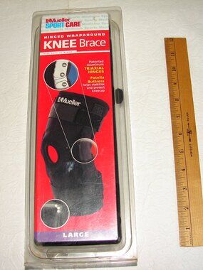Mueller Hinged Wraparound KNEE BRACE, Sz Large, NOS NIP w/Patella Buttress